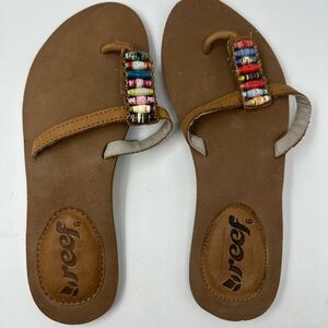 Reef Brown Leather Beaded Toe-Post Sandals with Multicolor Accents